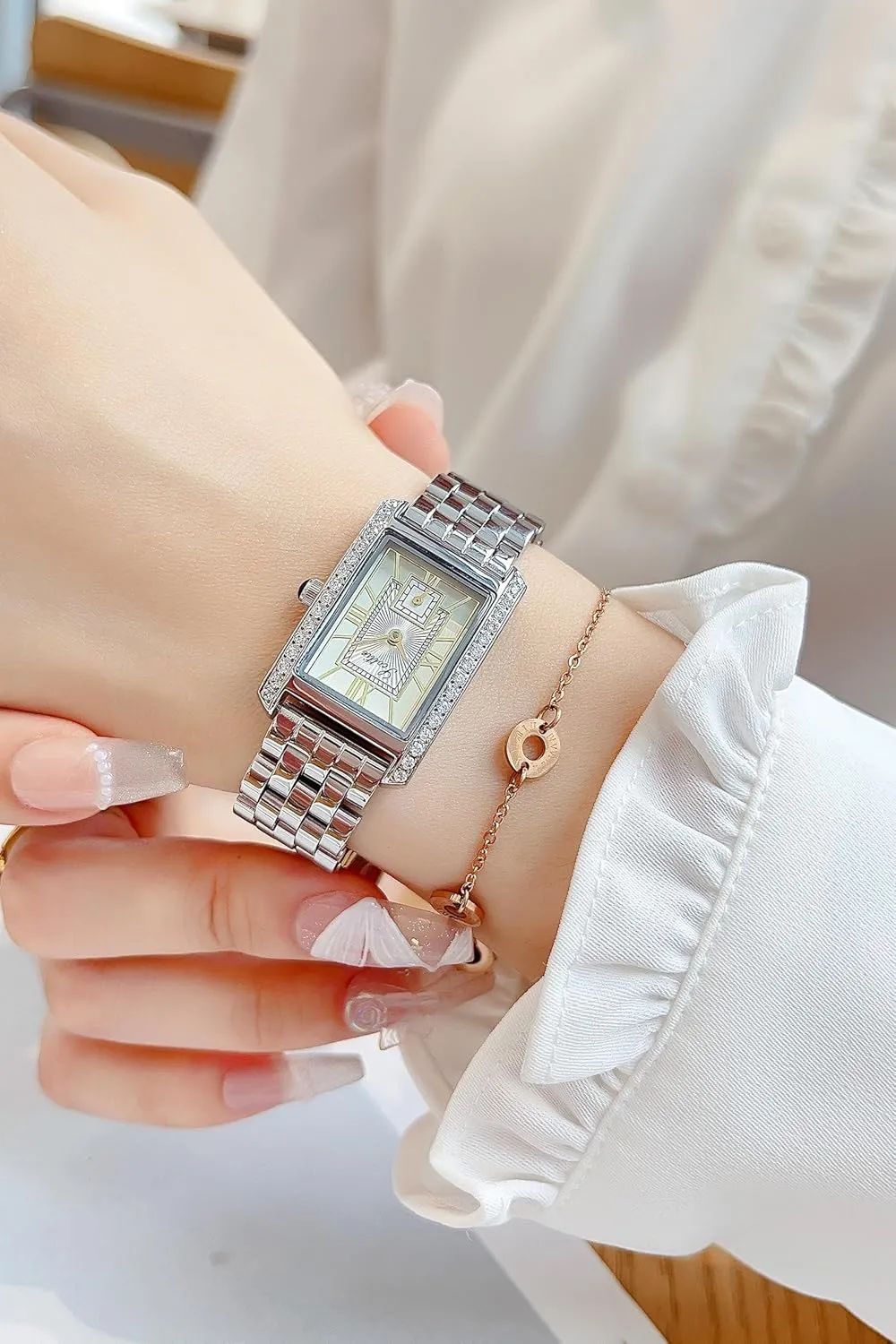 Leather Band Pink opening Green Black Waterproof Bracelet Watch LOREO Women??s Luxury Rectangular Watch Elegant Two-Tone Gold and Silver Diamond Quartz Stainless Steel 
