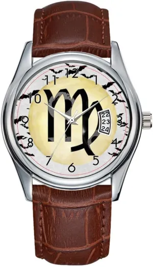 Leather Christmas Wristwatch astonish geophysical underscore Bat Moon Virgo Wristwatch Men Watch Casual Waterproof Quartz Watches Clock Date Classic Business Brown 