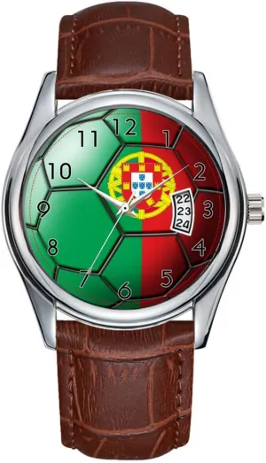 Leather Christmas Wristwatch Flag fragile swing routinely of Portugal Soccer Ball Wrist Watch Men Watch Casual Waterproof Quartz Watches Clock Date Classic Business Brown 