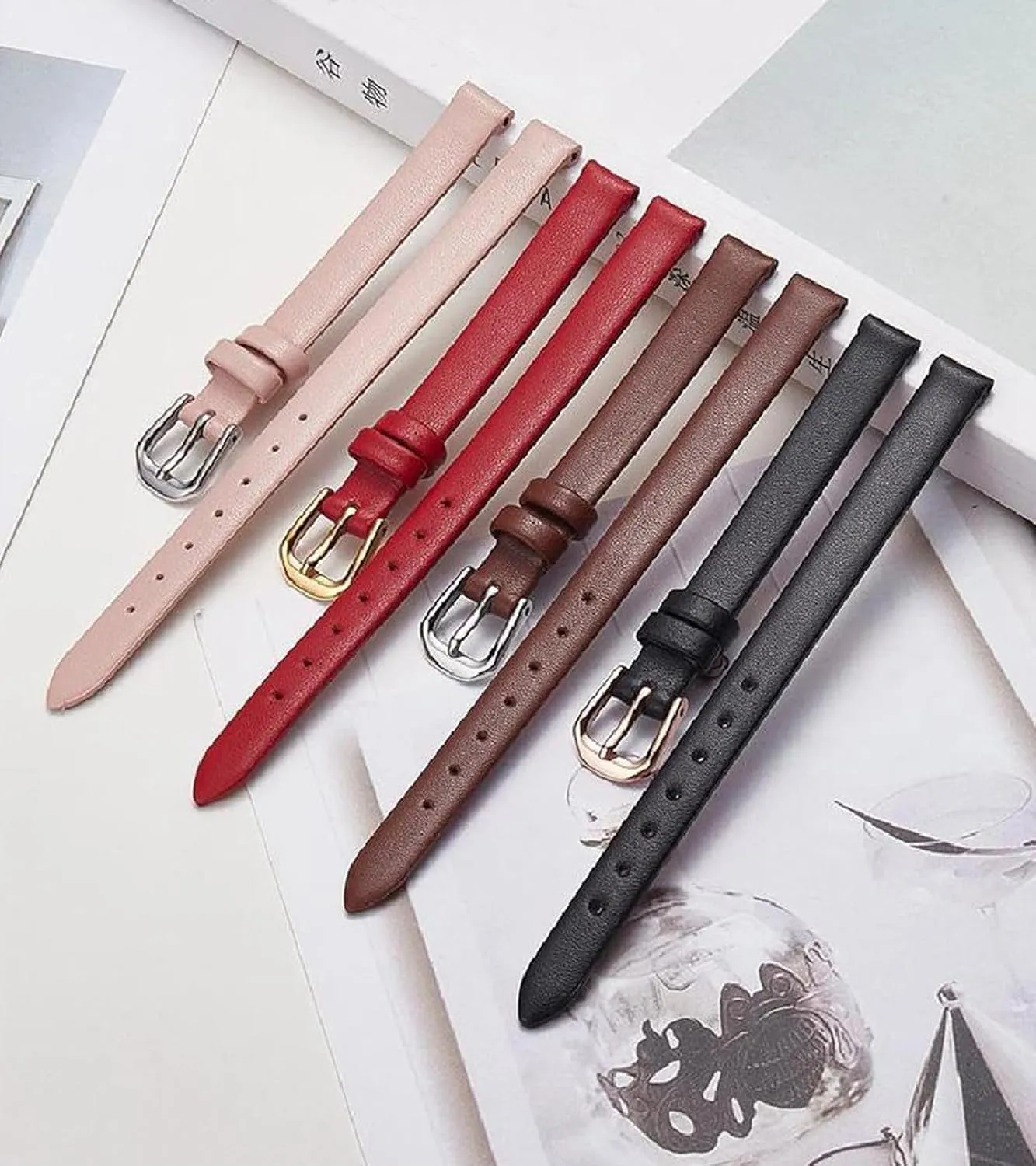Leather Flat Weave Women Red 6-20mm Small Size estate assess durable organization petition Ultra-Thin Soft Cowhide Watchband Genuine 