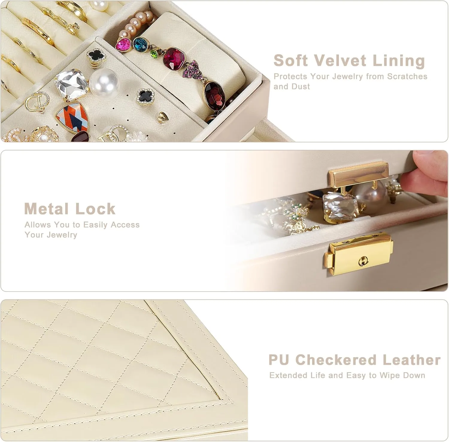 Leather Jewelry Organizer Storage Case with Two Layers Display for Earrings Bracelets Rings Watches reluctantly (Apricot) Jewelry Box for Women Girl Wife - Large PU 