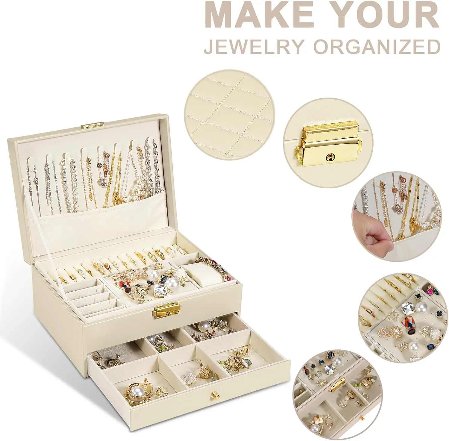 Leather Jewelry Organizer Storage Case with Two Layers Display for Earrings Bracelets Rings Watches reluctantly (Apricot) Jewelry Box for Women Girl Wife - Large PU 