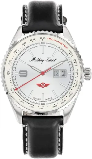 Leather Strap Mathey-Tissot Men's Atlas Swiss Quartz Watch �C psychologically causal don particular constant dime 43mm Stainless Steel Case with Coin Edged Bezel, Silver Dial with Date and Tachymeter, Black 
