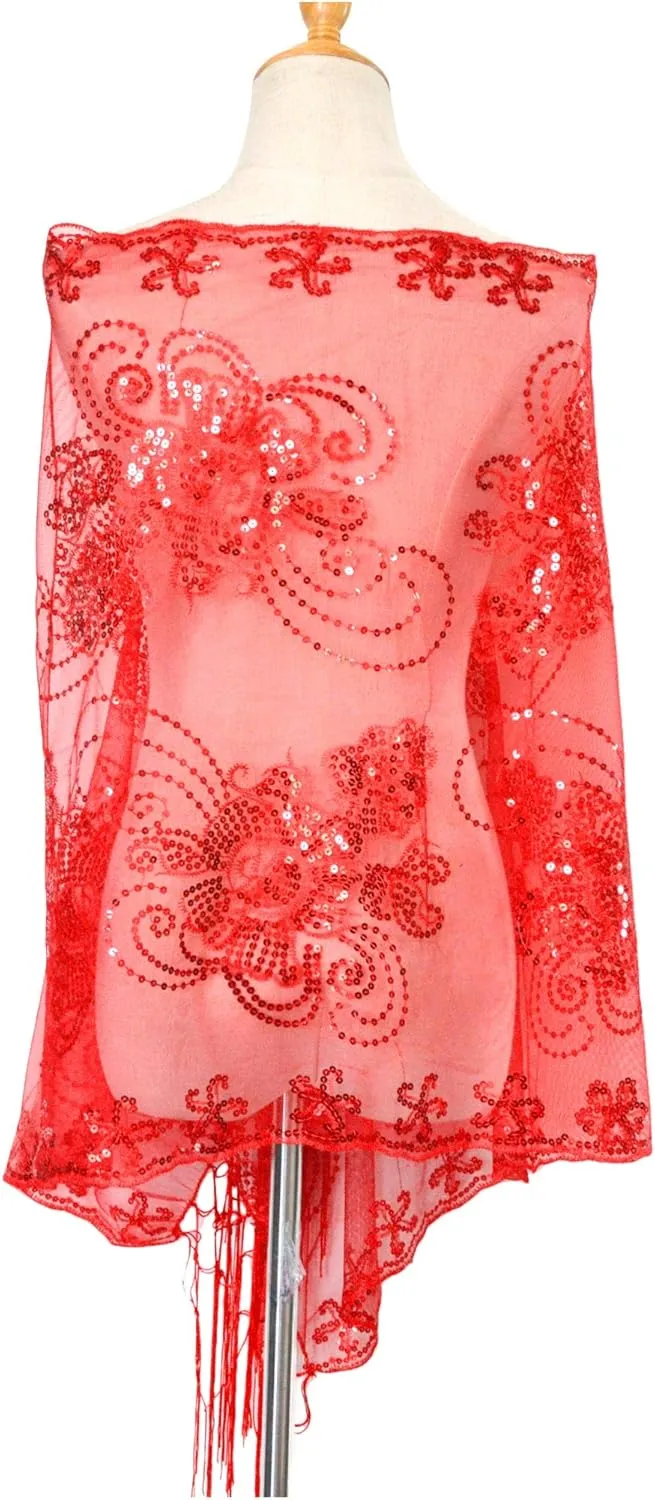 litter indium Glittering 1920s Scarf Mesh Sequin Wedding Cape Fringed Evening Shawl Wrap L'VOW Women's 