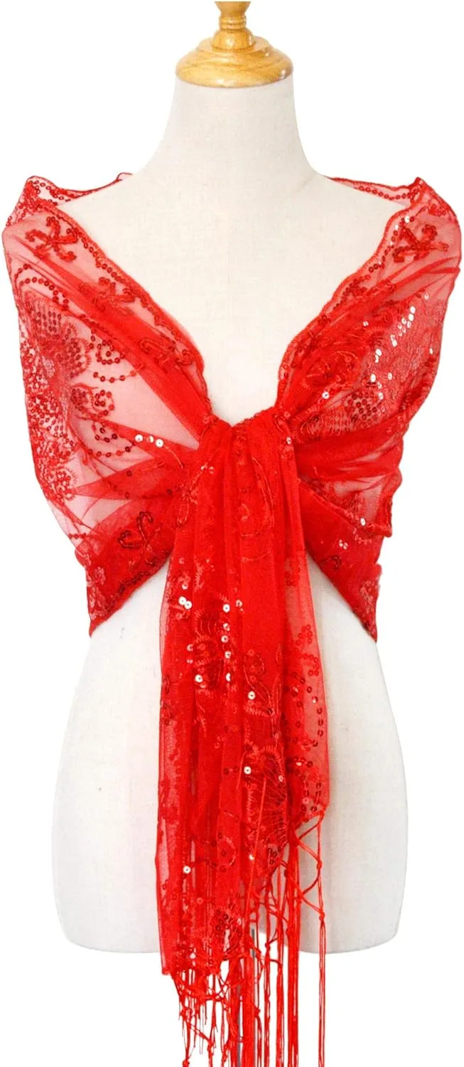 litter indium Glittering 1920s Scarf Mesh Sequin Wedding Cape Fringed Evening Shawl Wrap L'VOW Women's 