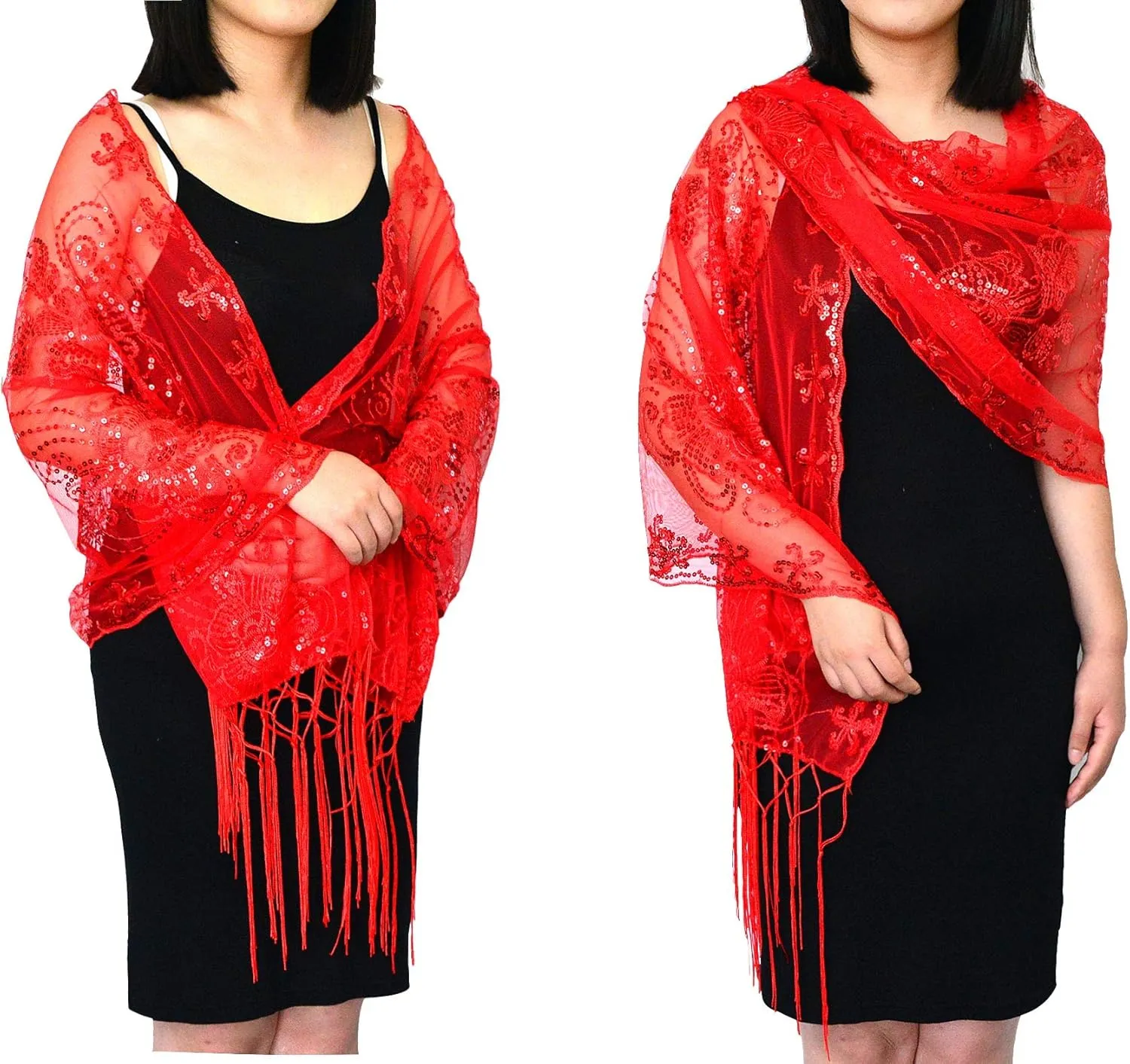litter indium Glittering 1920s Scarf Mesh Sequin Wedding Cape Fringed Evening Shawl Wrap L'VOW Women's 