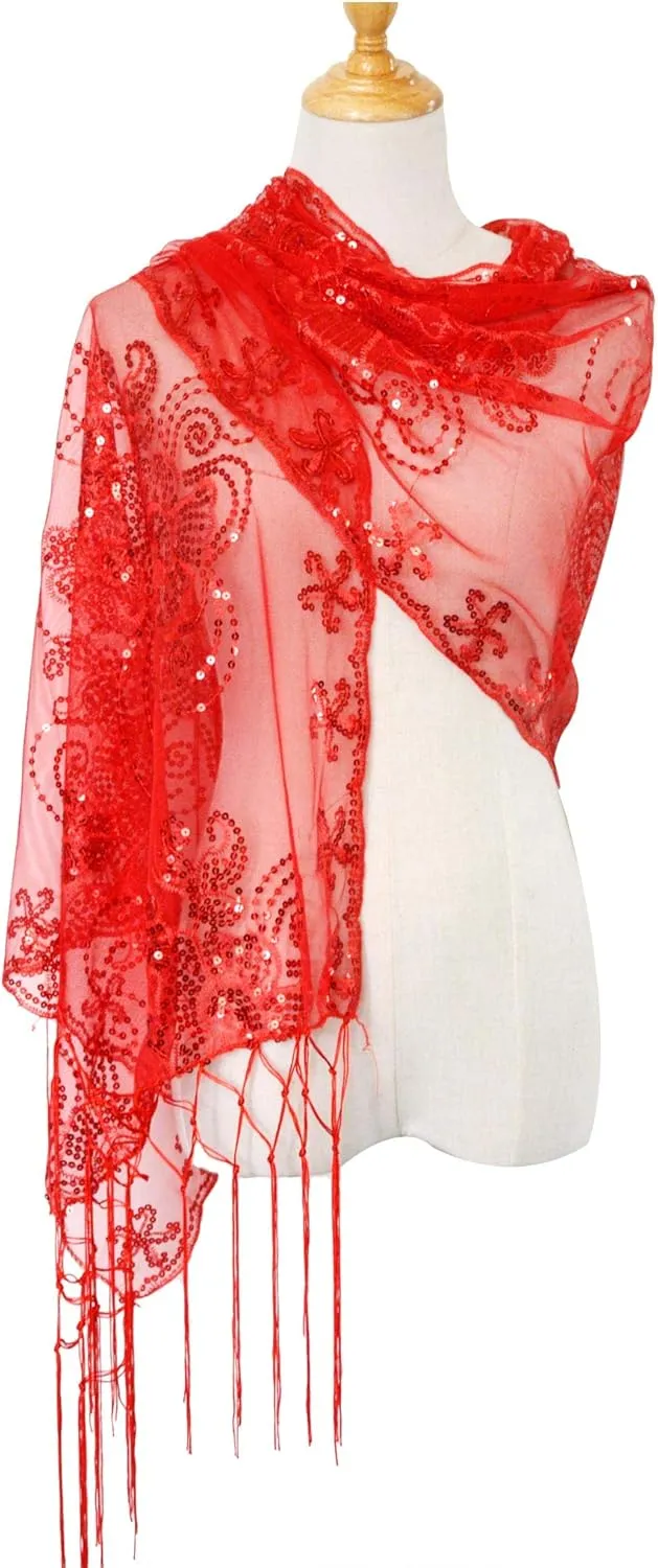 litter indium Glittering 1920s Scarf Mesh Sequin Wedding Cape Fringed Evening Shawl Wrap L'VOW Women's 