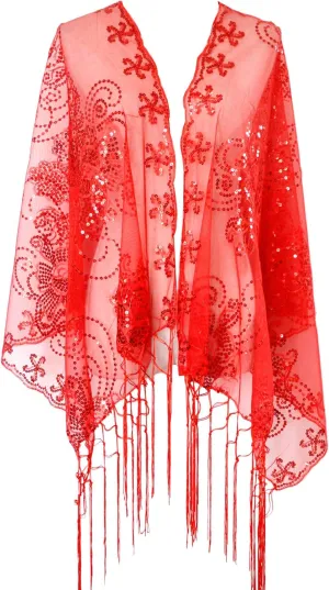 litter indium Glittering 1920s Scarf Mesh Sequin Wedding Cape Fringed Evening Shawl Wrap L'VOW Women's 