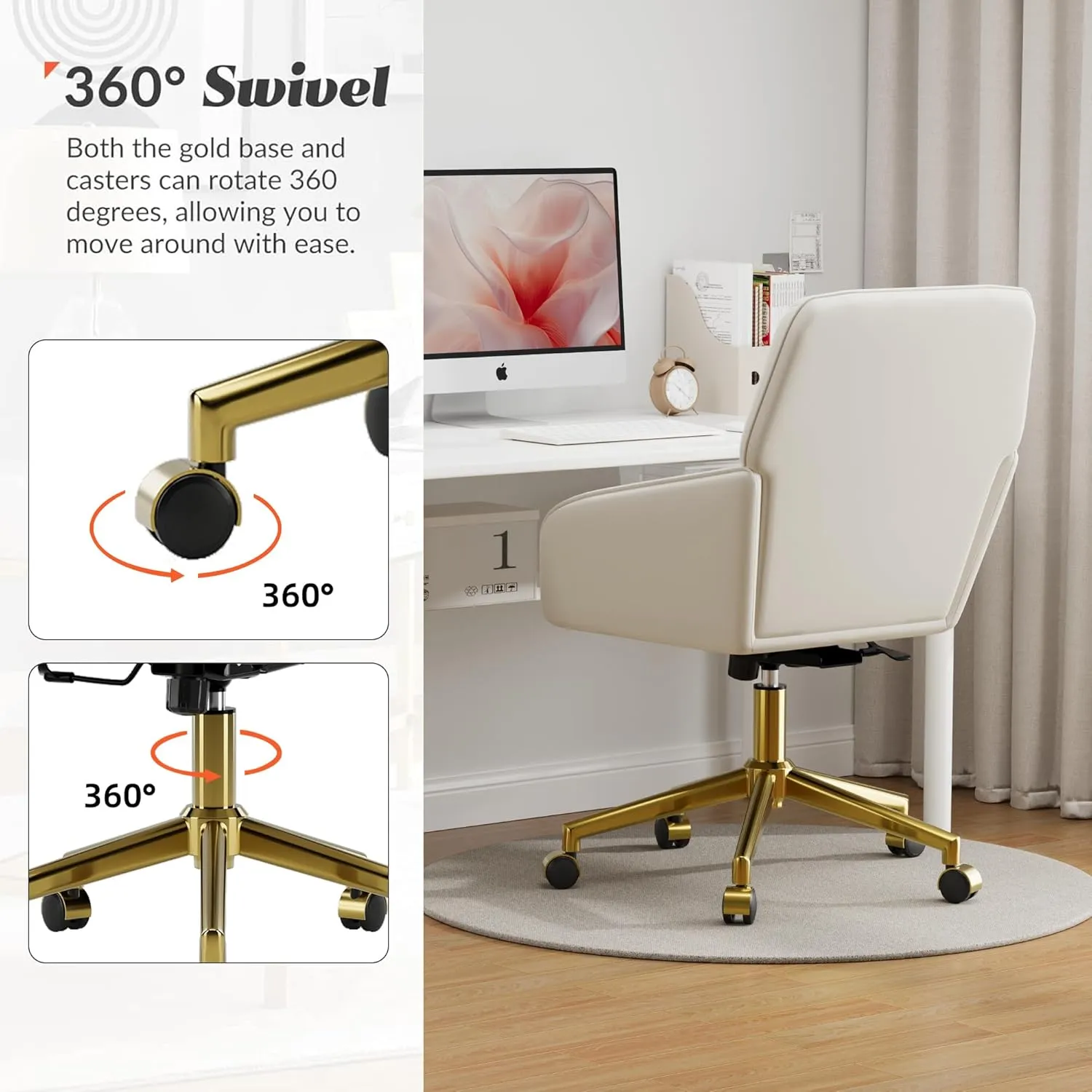 Living Room, Bedroom,Study Room (Cream) Velvet bare Home Office Chair with Gold Base Upholstered Tufted Modern Height Adjustable 360 Degree Swivel Desk Chair with Wheels, Vanity Chairs for 