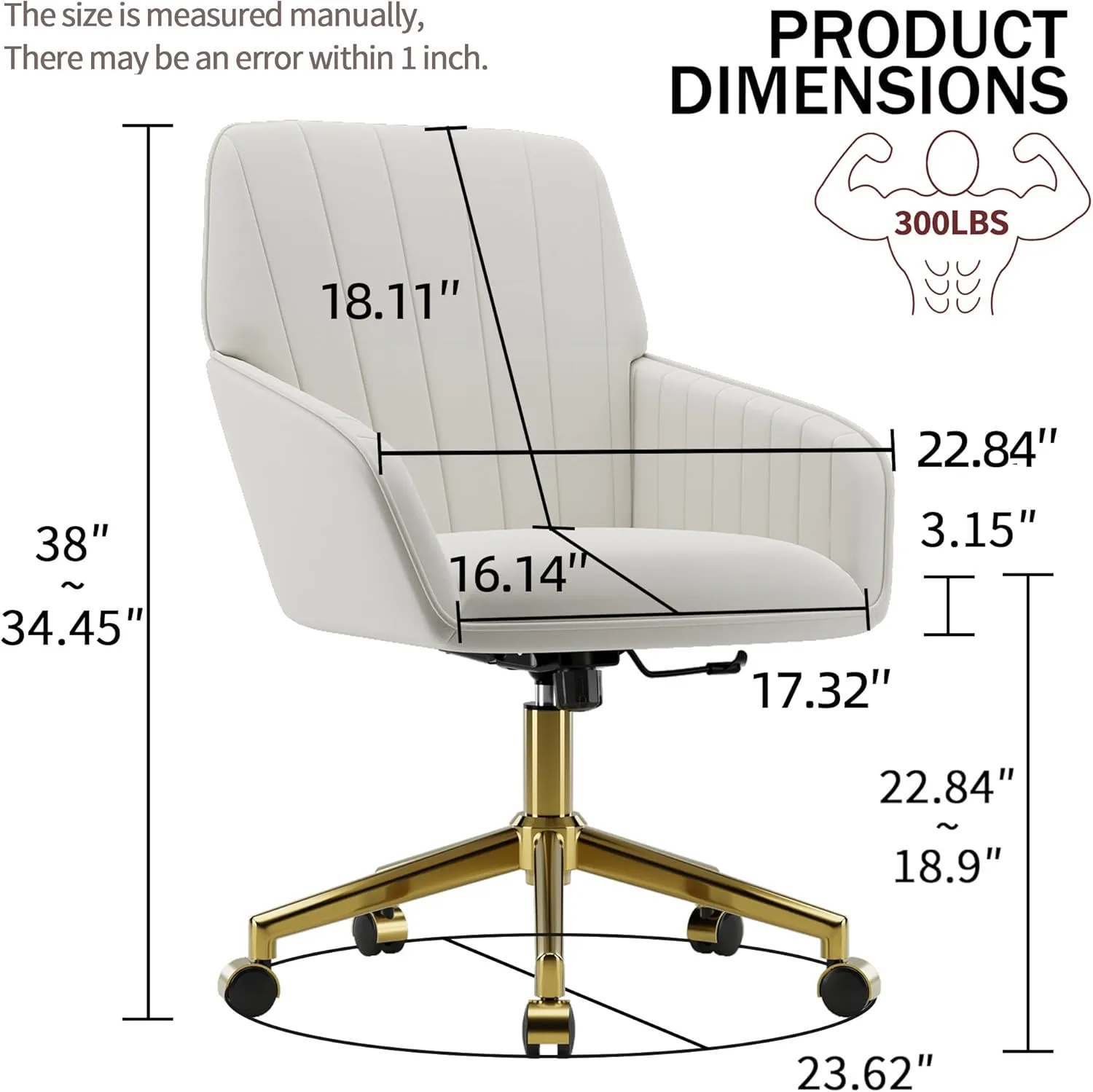 Living Room, Bedroom,Study Room (Cream) Velvet bare Home Office Chair with Gold Base Upholstered Tufted Modern Height Adjustable 360 Degree Swivel Desk Chair with Wheels, Vanity Chairs for 