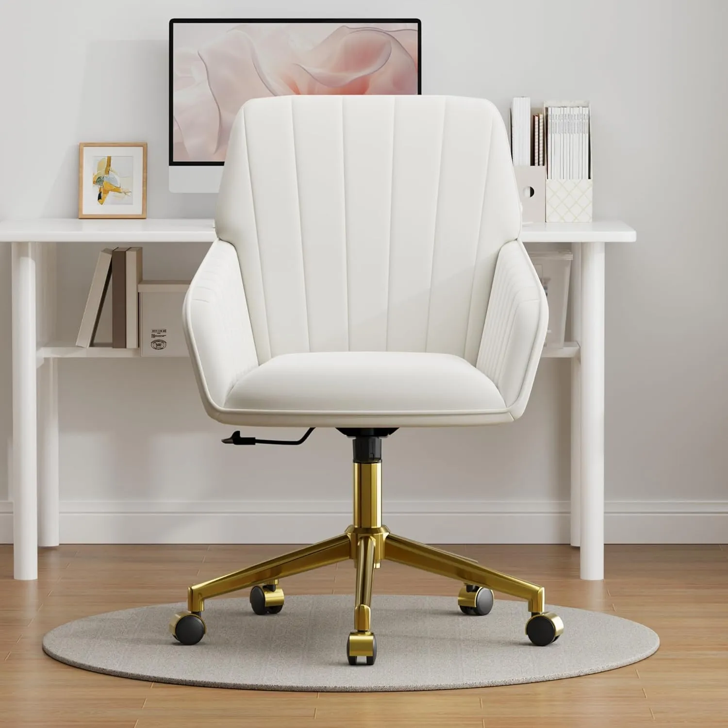 Living Room, Bedroom,Study Room (Cream) Velvet bare Home Office Chair with Gold Base Upholstered Tufted Modern Height Adjustable 360 Degree Swivel Desk Chair with Wheels, Vanity Chairs for 