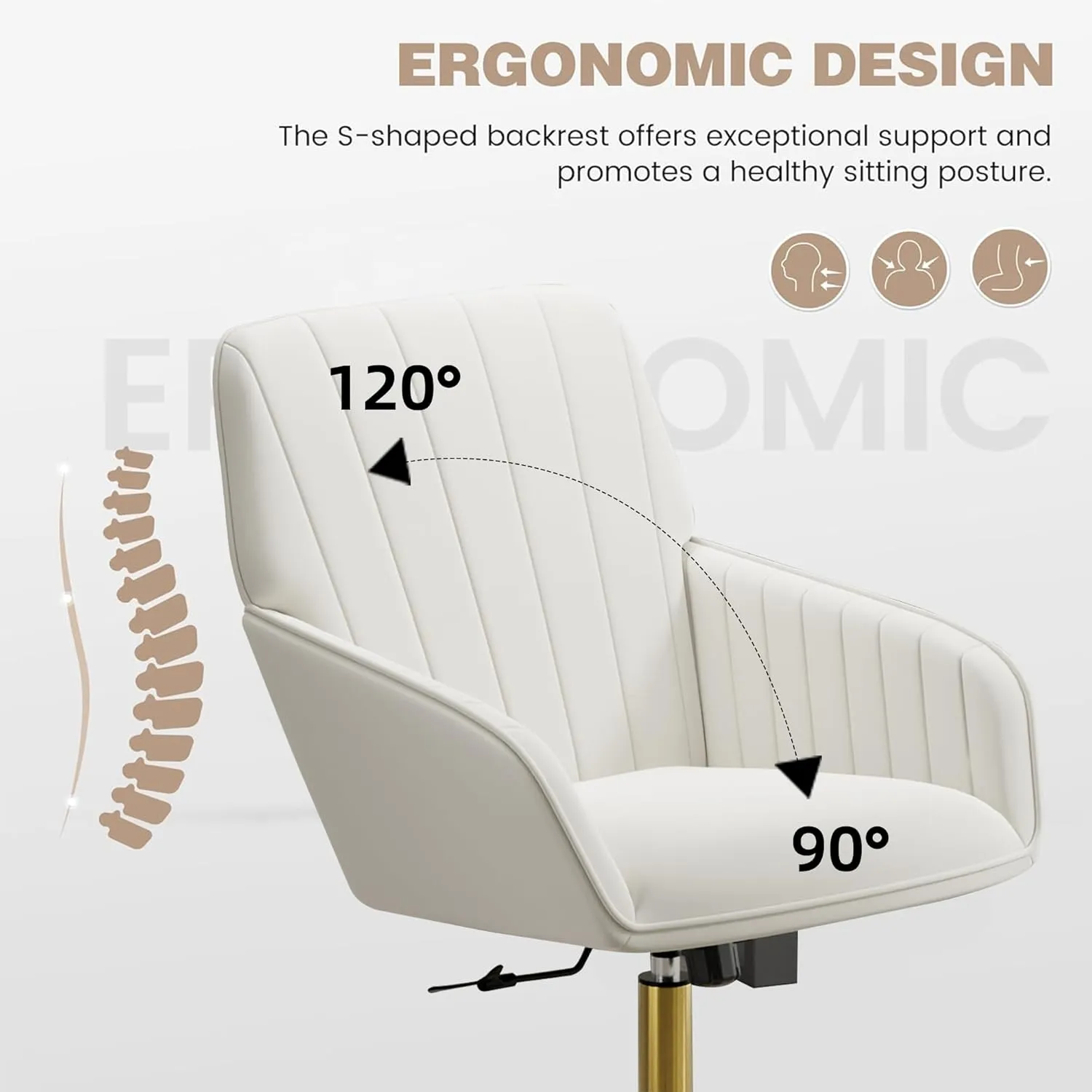 Living Room, Bedroom,Study Room (Cream) Velvet bare Home Office Chair with Gold Base Upholstered Tufted Modern Height Adjustable 360 Degree Swivel Desk Chair with Wheels, Vanity Chairs for 
