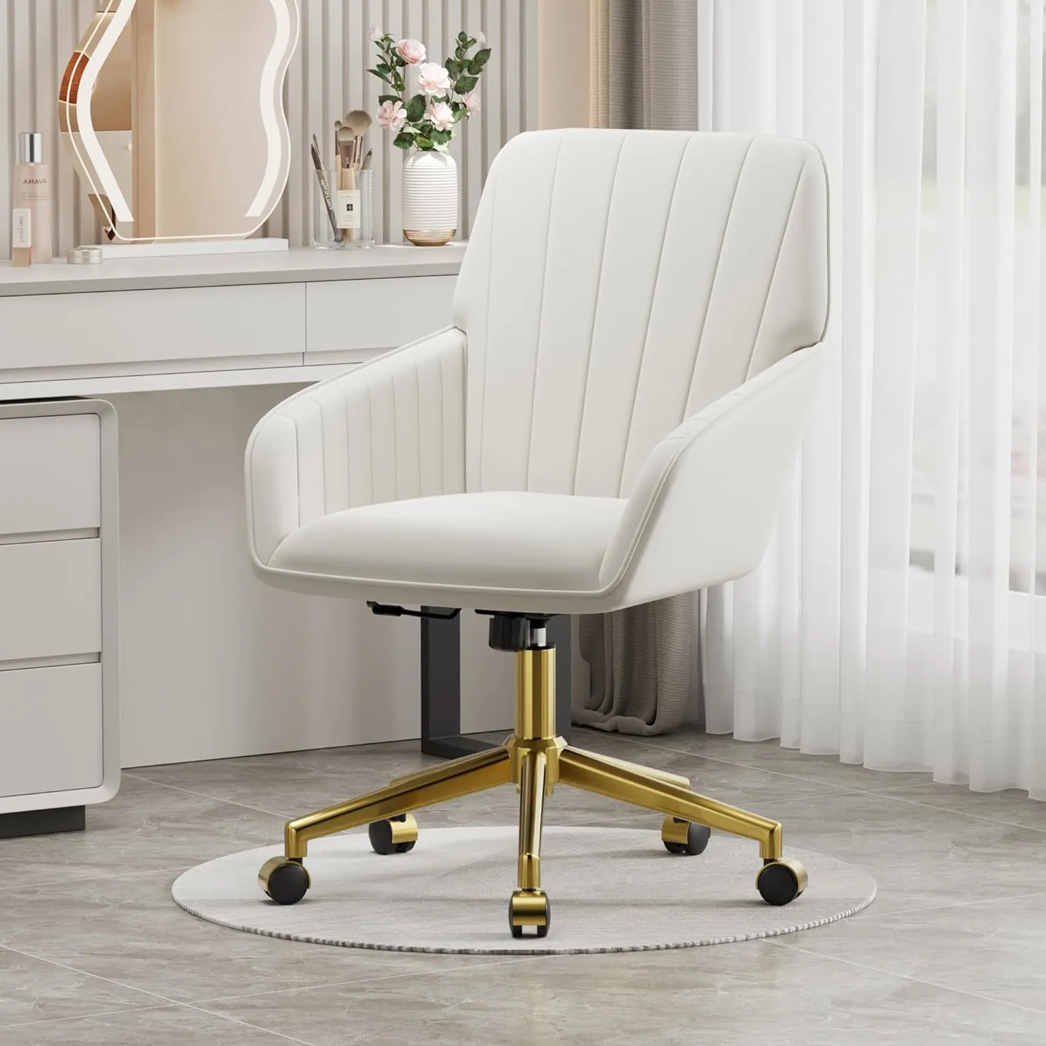 Living Room, Bedroom,Study Room (Cream) Velvet bare Home Office Chair with Gold Base Upholstered Tufted Modern Height Adjustable 360 Degree Swivel Desk Chair with Wheels, Vanity Chairs for 
