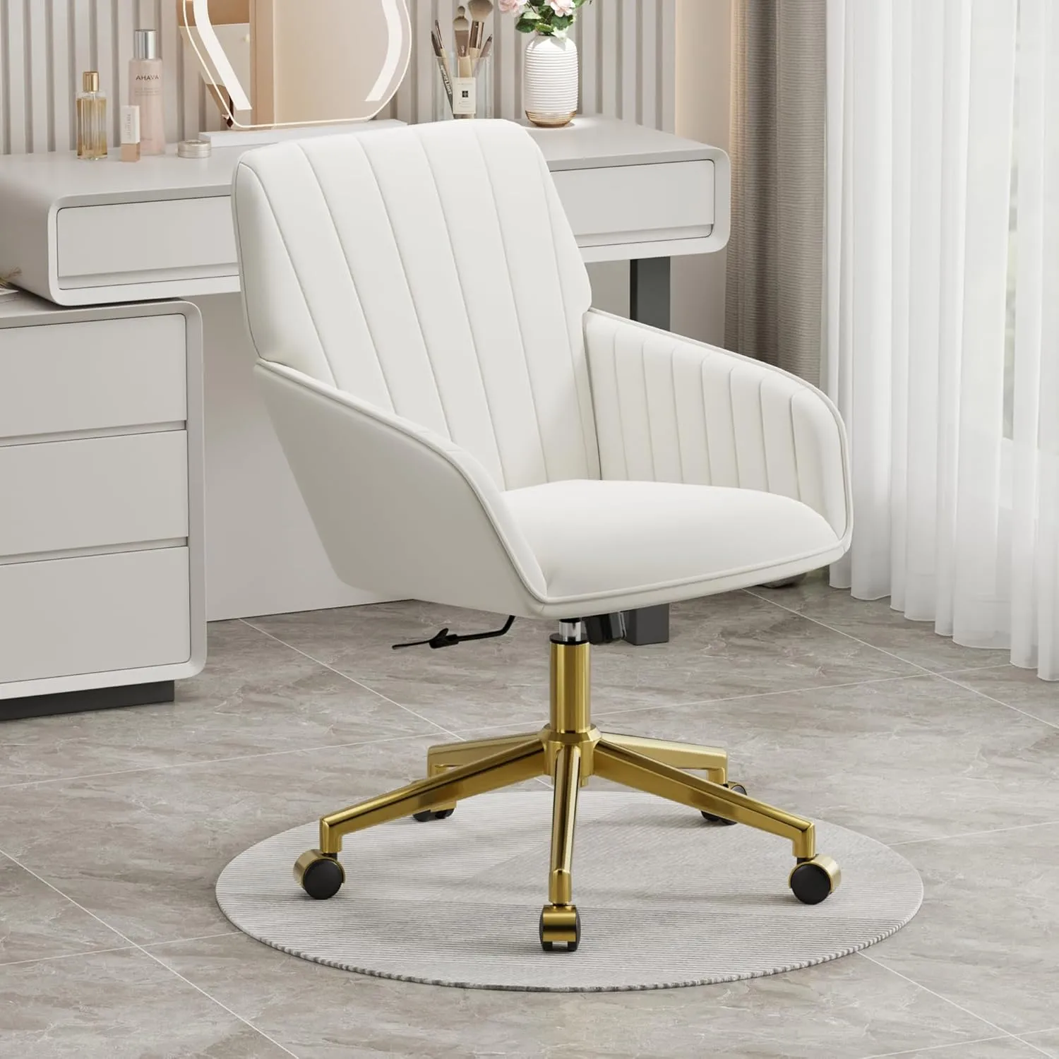 Living Room, Bedroom,Study Room (Cream) Velvet bare Home Office Chair with Gold Base Upholstered Tufted Modern Height Adjustable 360 Degree Swivel Desk Chair with Wheels, Vanity Chairs for 