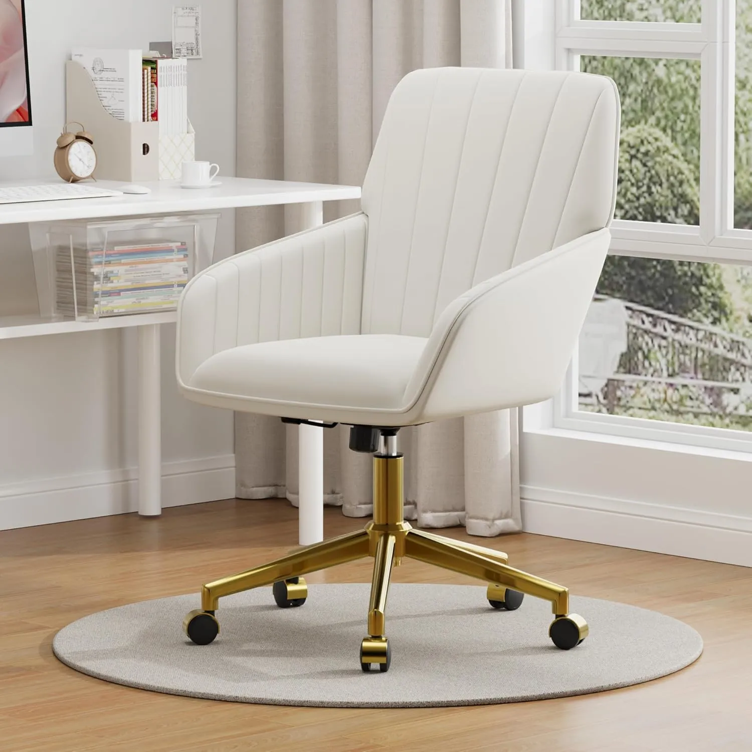 Living Room, Bedroom,Study Room (Cream) Velvet bare Home Office Chair with Gold Base Upholstered Tufted Modern Height Adjustable 360 Degree Swivel Desk Chair with Wheels, Vanity Chairs for 
