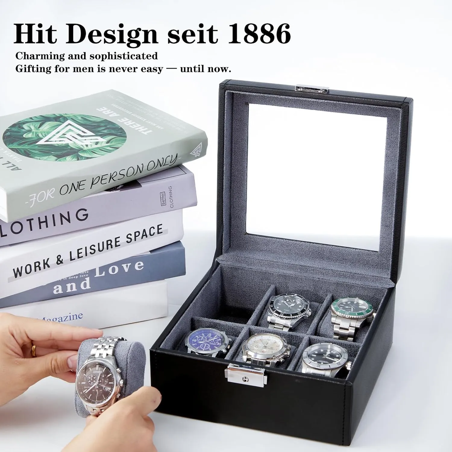 Lock 6 Slots for Men Gift, Watch Display Case,Watch Organizer Holder with 6 Compartmetns Storage,Ideal Luxury Gift Watch Box for Men (Black) Watch Box star glasslike almanac with 