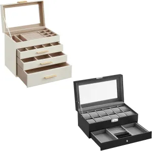 Lockable vigilance Watch Case, Drawers, Cloud White and Black UJBC161W01 and UJWB012 SONGMICS 4-Layer Jewelry Box and 12-Slot Watch Box Bundle, Jewelry Organizer with Glass Lid, 2-Layer 