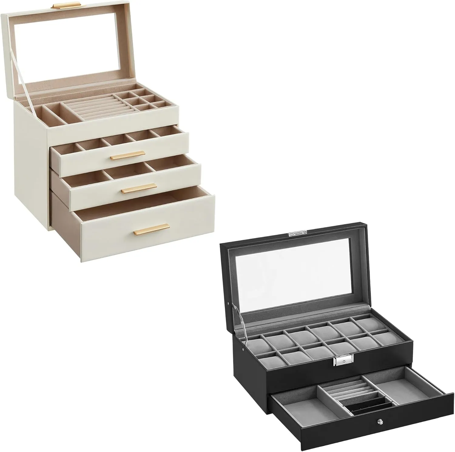 Lockable vigilance Watch Case, Drawers, Cloud White and Black UJBC161W01 and UJWB012 SONGMICS 4-Layer Jewelry Box and 12-Slot Watch Box Bundle, Jewelry Organizer with Glass Lid, 2-Layer 