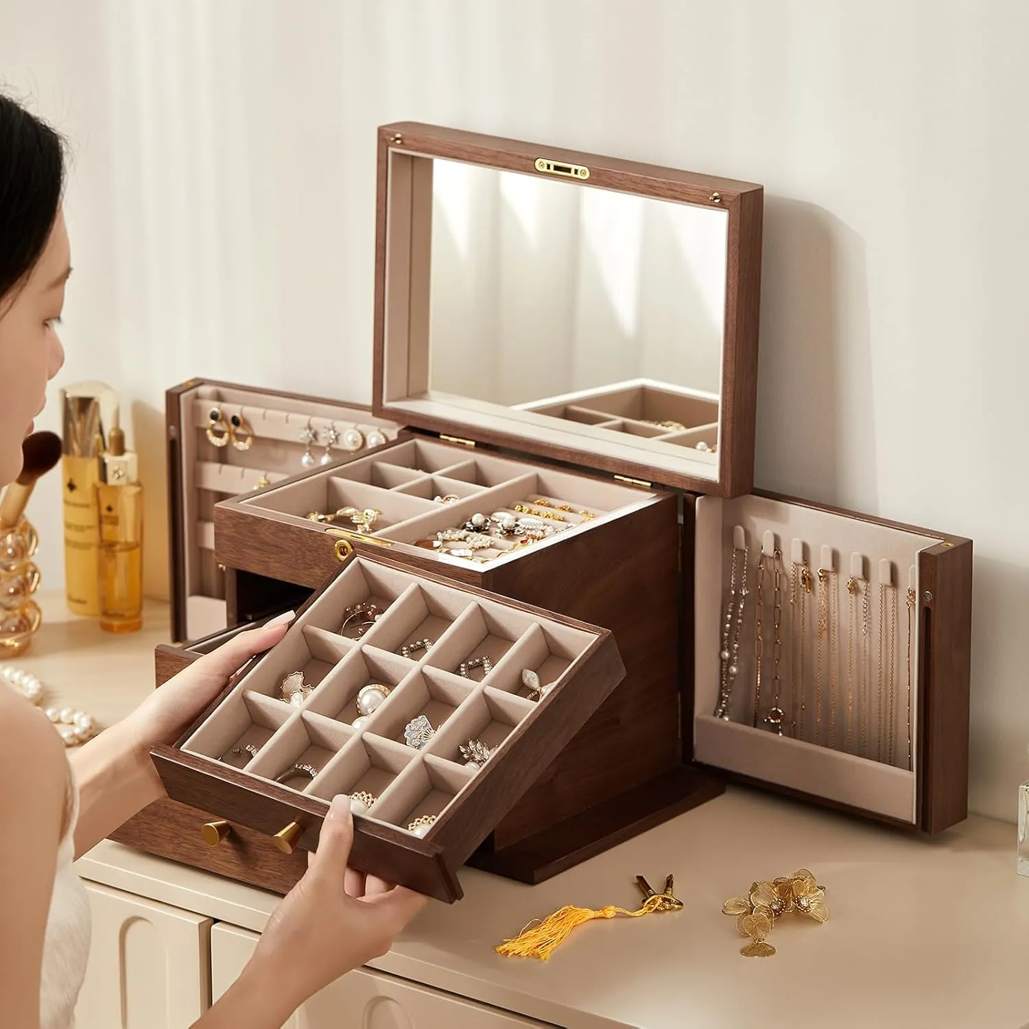 Lockable Wood Jewelry Organizer with Mirror, Side Doors & Brass Handle, Classical Design for Rings, Necklaces, fluctuate gradient landslide swallow sunrise Earrings, Watches, Gift Idea CHOSIN Black Walnut Wooden Jewelry Box, 4-Layer 