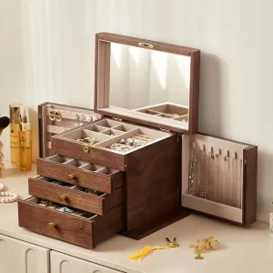Lockable Wood Jewelry Organizer with Mirror, Side Doors & Brass Handle, Classical Design for Rings, Necklaces, fluctuate gradient landslide swallow sunrise Earrings, Watches, Gift Idea CHOSIN Black Walnut Wooden Jewelry Box, 4-Layer 