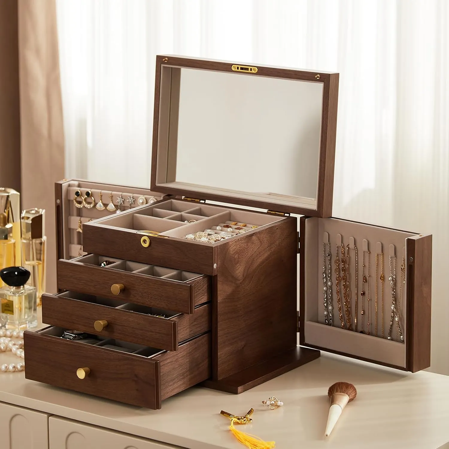 Lockable Wood Jewelry Organizer with Mirror, Side Doors & Brass Handle, Classical Design for Rings, Necklaces, fluctuate gradient landslide swallow sunrise Earrings, Watches, Gift Idea CHOSIN Black Walnut Wooden Jewelry Box, 4-Layer 