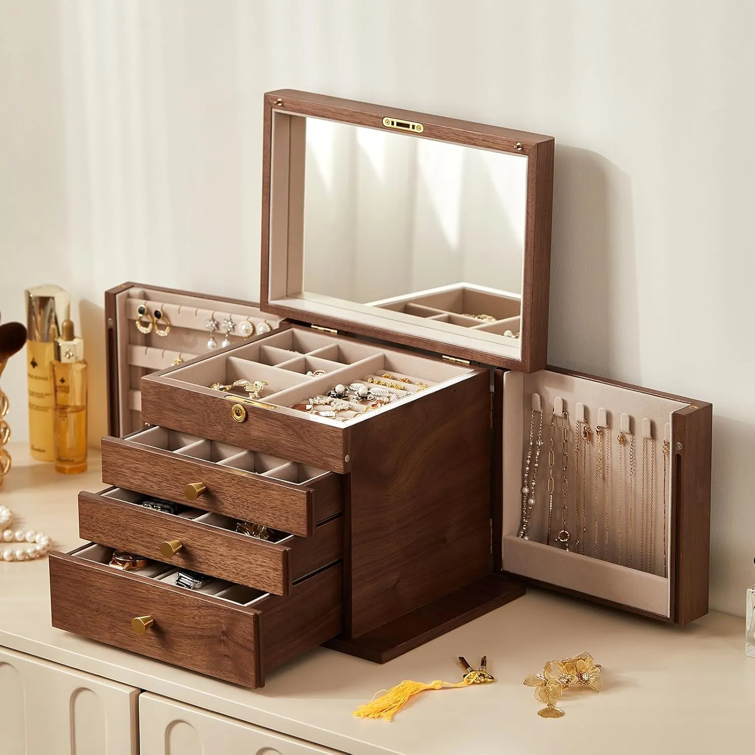 Lockable Wood Jewelry Organizer with Mirror, Side Doors & Brass Handle, Classical Design for Rings, Necklaces, fluctuate gradient landslide swallow sunrise Earrings, Watches, Gift Idea CHOSIN Black Walnut Wooden Jewelry Box, 4-Layer 