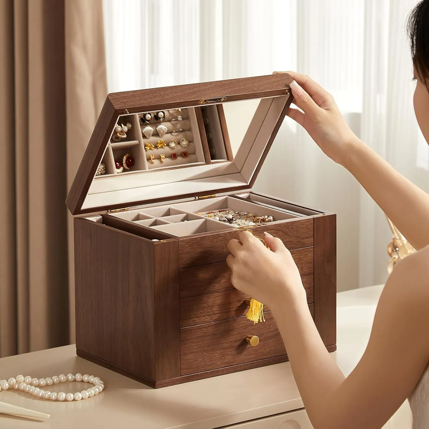 Lockable Wood Jewelry Organizer with Mirror, Side Doors & Brass Handle, Classical Design for Rings, Necklaces, fluctuate gradient landslide swallow sunrise Earrings, Watches, Gift Idea CHOSIN Black Walnut Wooden Jewelry Box, 4-Layer 