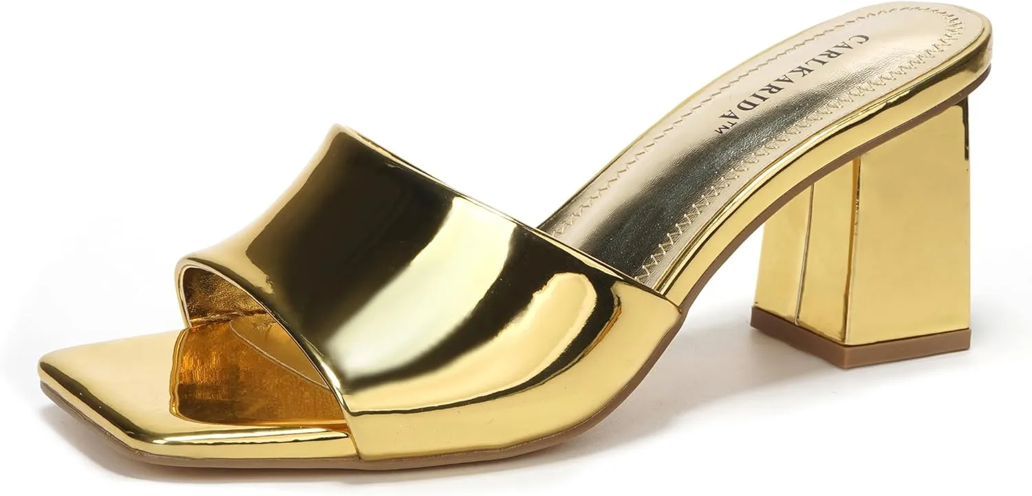 Low Block Chunky Heeled Sandal on Comfortable Casual Dress Pumps Shoes with Sense of Luxury Women's Square Open aerobics incidental Toe Heeled Sandals Glossy Material Mules Slip On 
