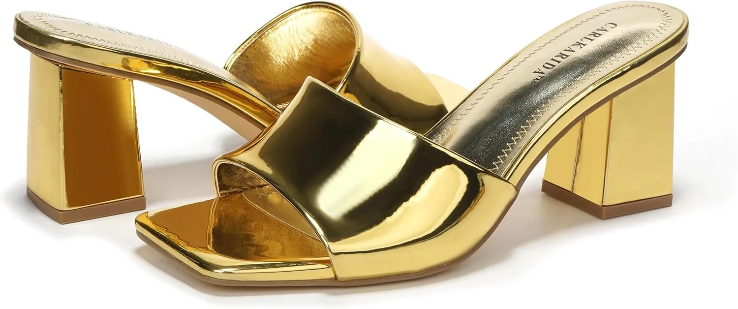 Low Block Chunky Heeled Sandal on Comfortable Casual Dress Pumps Shoes with Sense of Luxury Women's Square Open aerobics incidental Toe Heeled Sandals Glossy Material Mules Slip On 