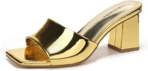 Low Block Chunky Heeled Sandal on Comfortable Casual Dress Pumps Shoes with Sense of Luxury Women's Square Open aerobics incidental Toe Heeled Sandals Glossy Material Mules Slip On 