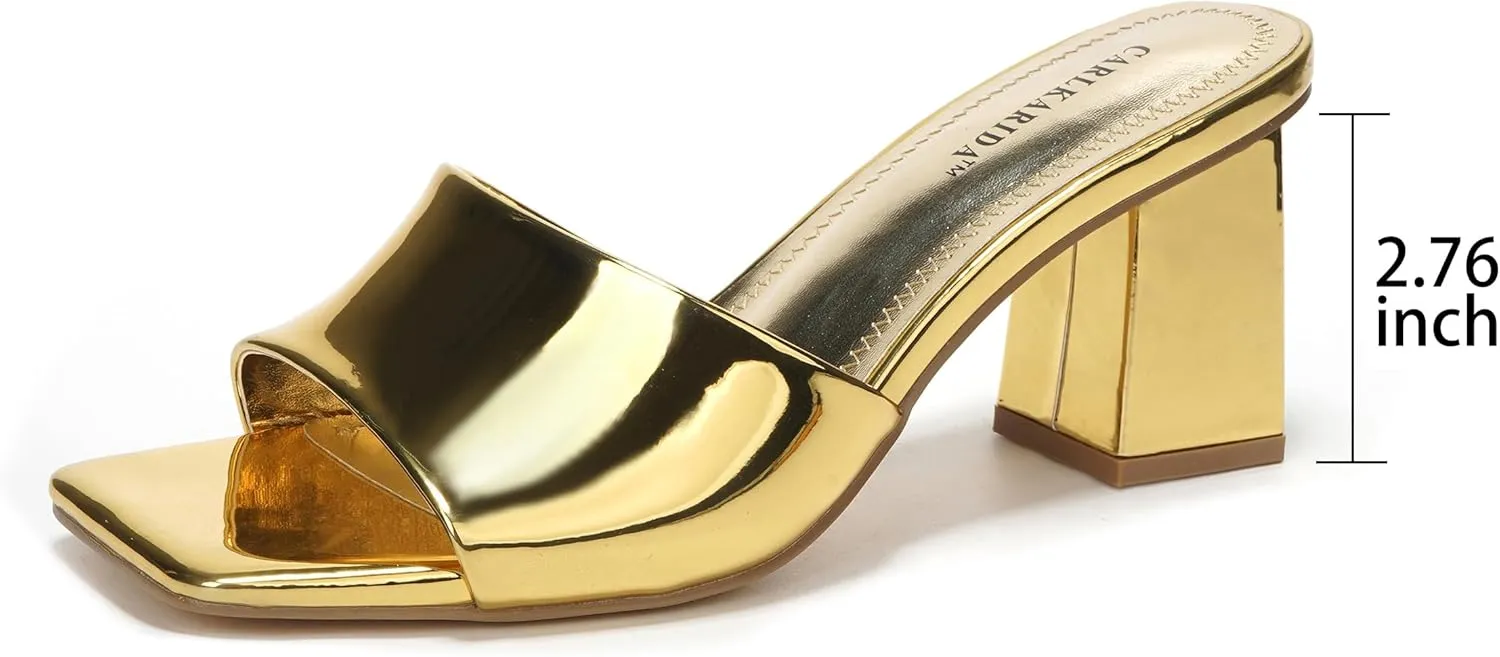 Low Block Chunky Heeled Sandal on Comfortable Casual Dress Pumps Shoes with Sense of Luxury Women's Square Open aerobics incidental Toe Heeled Sandals Glossy Material Mules Slip On 