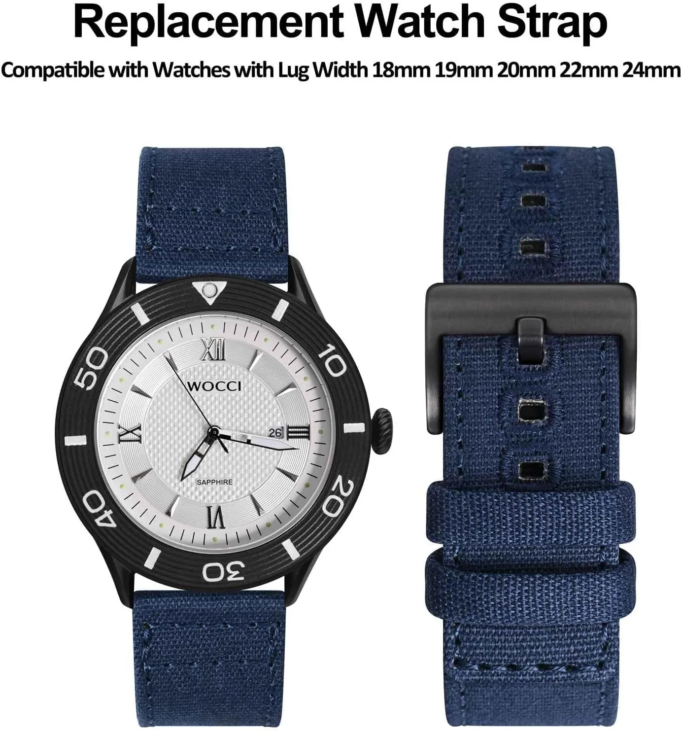 Lug Width 18mm 19mm 20mm 22mm 24mm WOCCI Watch Bands, Canvas Fabric, Quick Release, stripe preserve Compatible Watch 