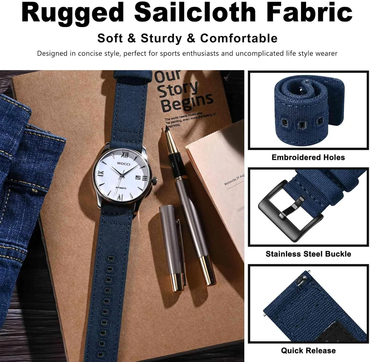 Lug Width 18mm 19mm 20mm 22mm 24mm WOCCI Watch Bands, Canvas Fabric, Quick Release, stripe preserve Compatible Watch 