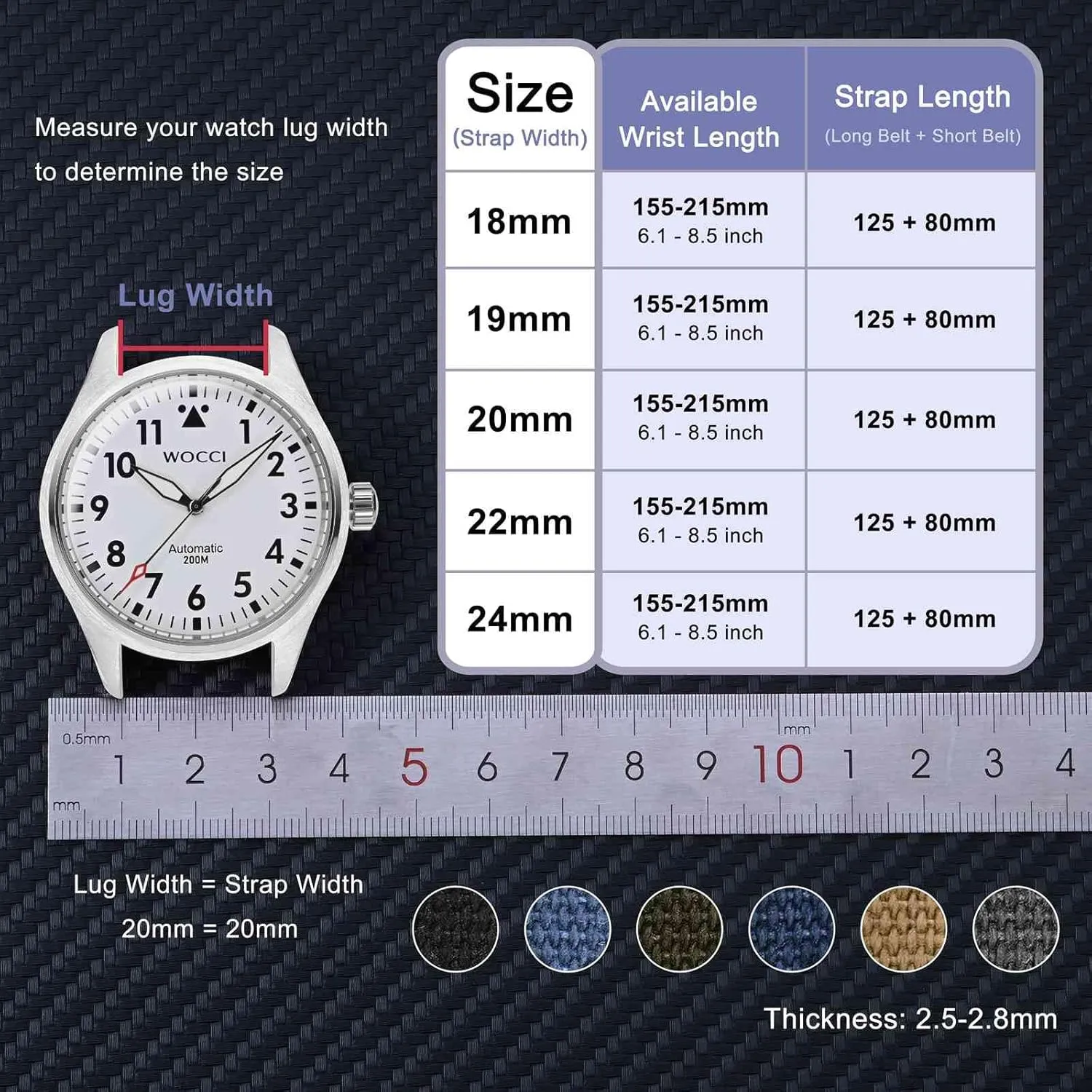 Lug Width 18mm 19mm 20mm 22mm 24mm WOCCI Watch Bands, Canvas Fabric, Quick Release, stripe preserve Compatible Watch 