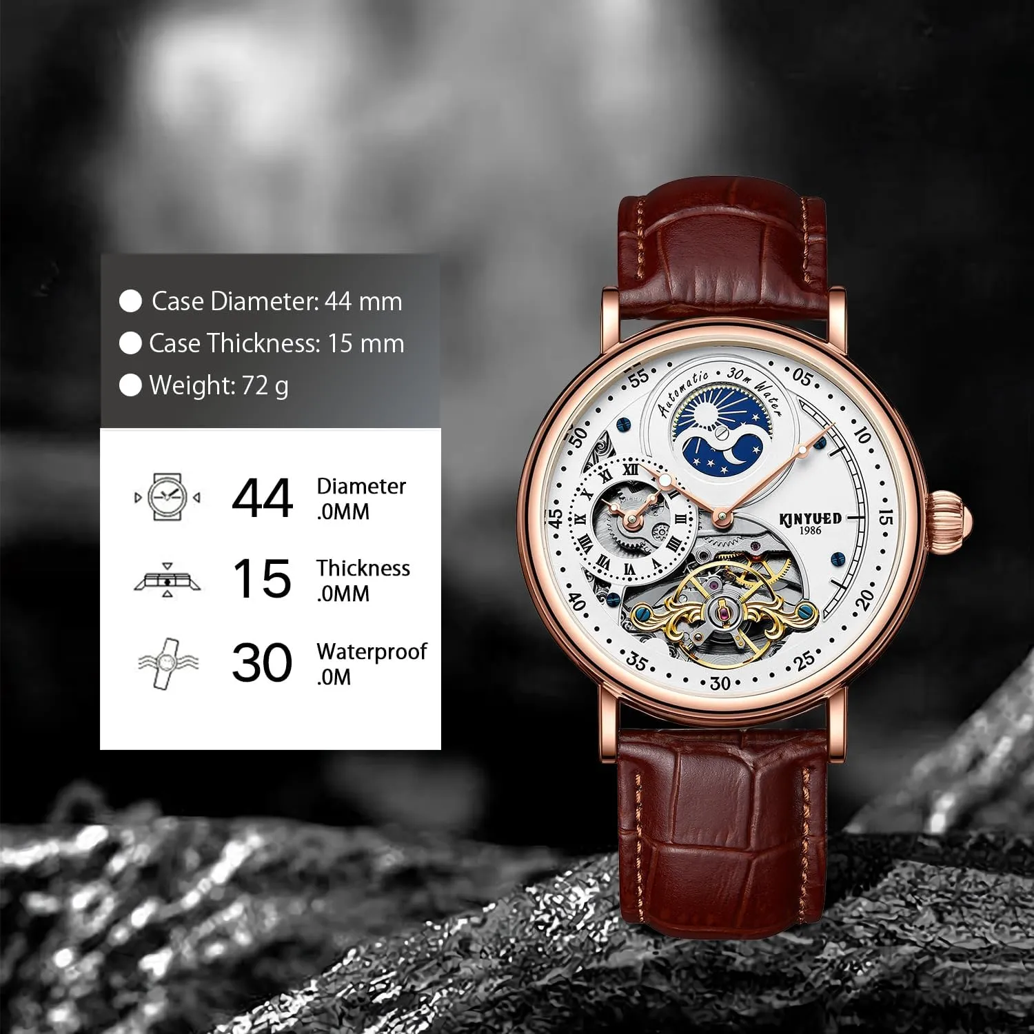 Luminous Hands Self-Wind Watch,Tourbillon Automatic Waterproof Wrist Watch for Men Gift IK meager COLOURING Mens Luxury Skeleton Automatic Mechanical Wrist Watches Leather Moon Phrase 