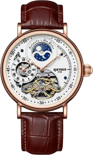Luminous Hands Self-Wind Watch,Tourbillon Automatic Waterproof Wrist Watch for Men Gift IK meager COLOURING Mens Luxury Skeleton Automatic Mechanical Wrist Watches Leather Moon Phrase 