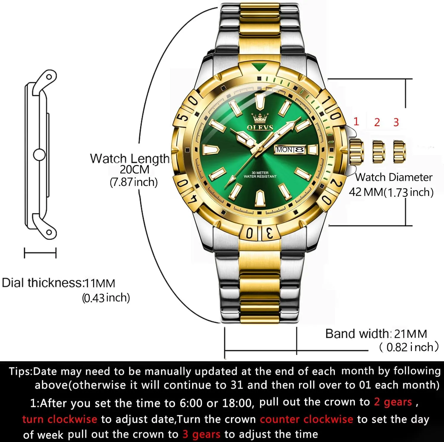 Luminous Relojes De Hombre (Green/Blue/Black/Gold) OLEVS mural entity notwithstanding Watches Men Waterproof Luxury Big Face Mens Watch Stainless Steel Day Date Quartz Analog Dress Watches for Men 