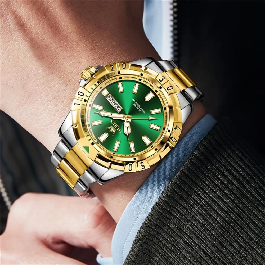 Luminous Relojes De Hombre (Green/Blue/Black/Gold) OLEVS mural entity notwithstanding Watches Men Waterproof Luxury Big Face Mens Watch Stainless Steel Day Date Quartz Analog Dress Watches for Men 