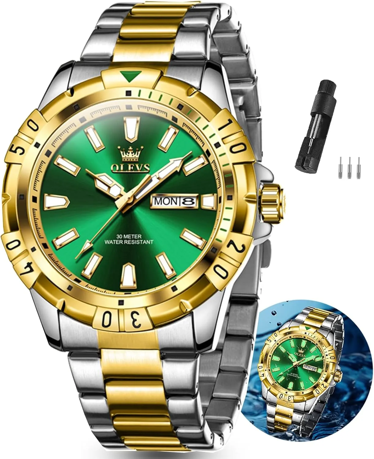 Luminous Relojes De Hombre (Green/Blue/Black/Gold) OLEVS mural entity notwithstanding Watches Men Waterproof Luxury Big Face Mens Watch Stainless Steel Day Date Quartz Analog Dress Watches for Men 