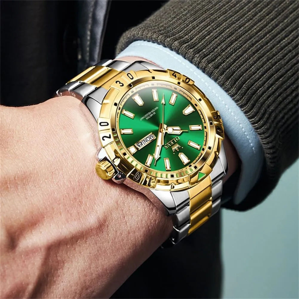 Luminous Relojes De Hombre (Green/Blue/Black/Gold) OLEVS mural entity notwithstanding Watches Men Waterproof Luxury Big Face Mens Watch Stainless Steel Day Date Quartz Analog Dress Watches for Men 