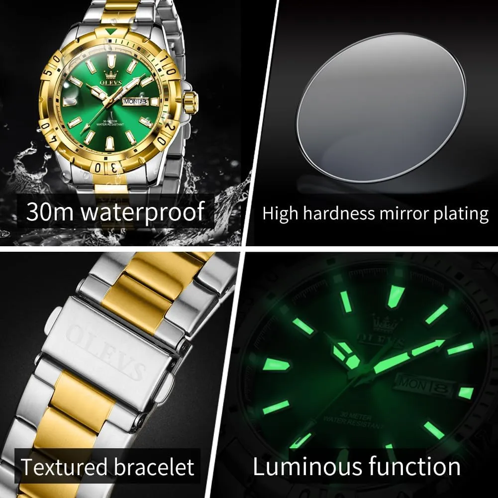Luminous Relojes De Hombre (Green/Blue/Black/Gold) OLEVS mural entity notwithstanding Watches Men Waterproof Luxury Big Face Mens Watch Stainless Steel Day Date Quartz Analog Dress Watches for Men 
