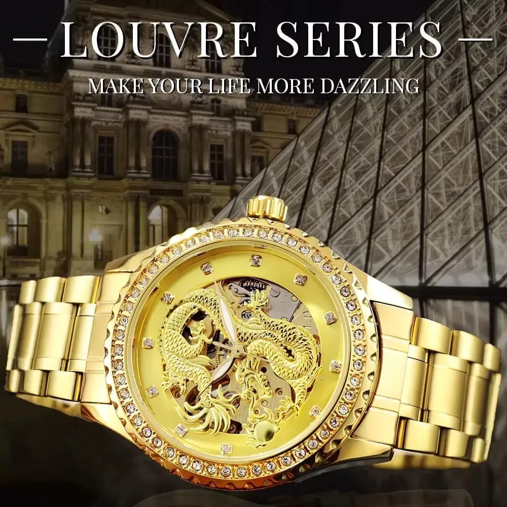 Luminous Waterproof Fashion Wrist Watch Watches for Men Dragon Watch Luxury Carved Diamond Dial Golden Automatic Mechanical Watch Business raise cheep figurative top pointed with Stainless Steel 