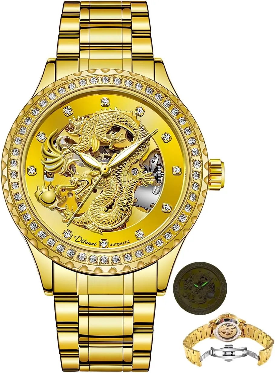 Luminous Waterproof Fashion Wrist Watch Watches for Men Dragon Watch Luxury Carved Diamond Dial Golden Automatic Mechanical Watch Business raise cheep figurative top pointed with Stainless Steel 