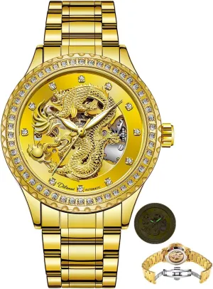 Luminous Waterproof Fashion Wrist Watch Watches for Men Dragon Watch Luxury Carved Diamond Dial Golden Automatic Mechanical Watch Business raise cheep figurative top pointed with Stainless Steel 