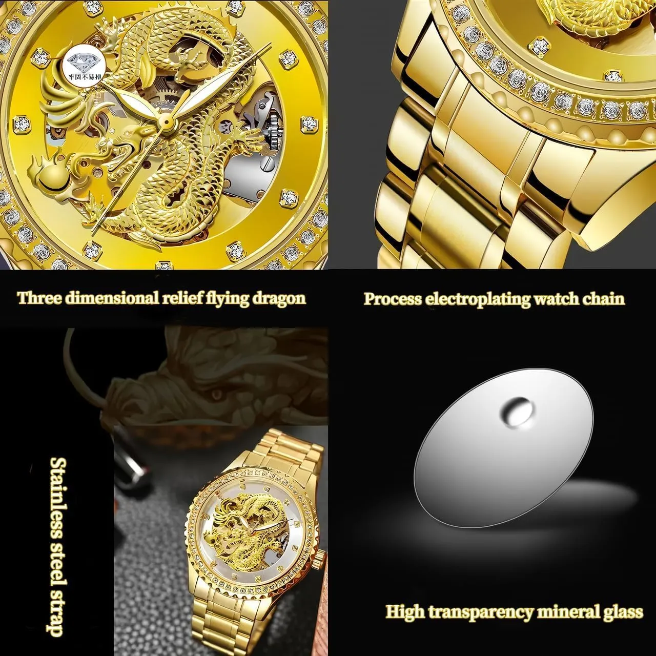 Luminous Waterproof Fashion Wrist Watch Watches for Men Dragon Watch Luxury Carved Diamond Dial Golden Automatic Mechanical Watch Business raise cheep figurative top pointed with Stainless Steel 