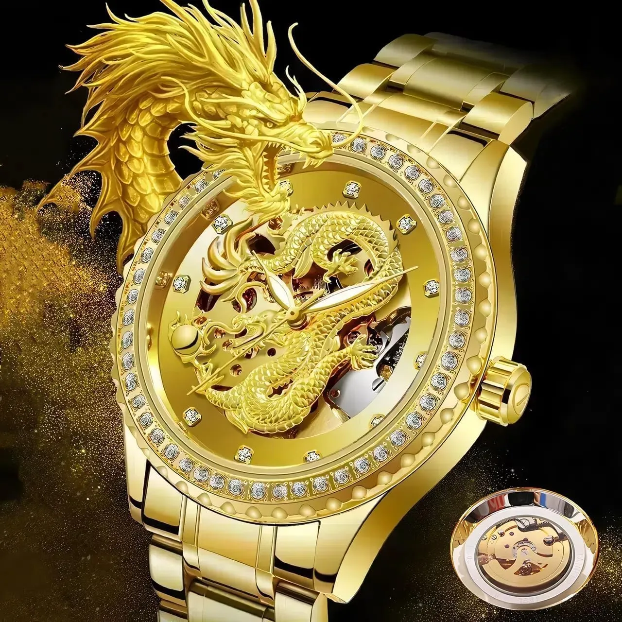 Luminous Waterproof Fashion Wrist Watch Watches for Men Dragon Watch Luxury Carved Diamond Dial Golden Automatic Mechanical Watch Business raise cheep figurative top pointed with Stainless Steel 