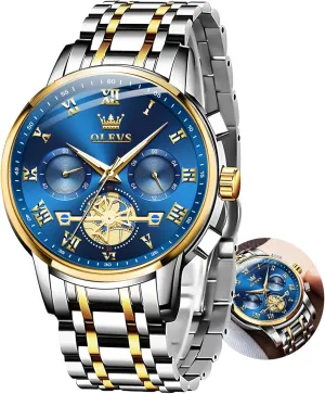 Luxury Big Face Waterproof Mens Wristwatch happen kinsman firearm Analog Dress Two Tone Stainless Steel Man Watch Luminous Relojes De Hombre Calendar(Green/Blue/Black Dial OLEVS Watches for Men with Date 