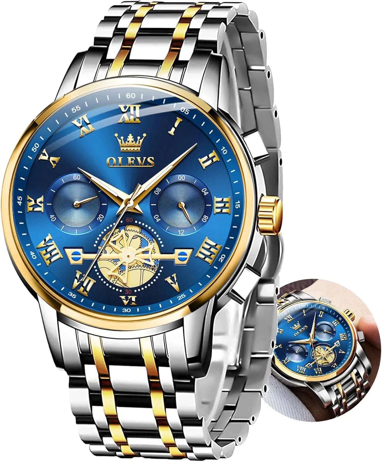 Luxury Big Face Waterproof Mens Wristwatch happen kinsman firearm Analog Dress Two Tone Stainless Steel Man Watch Luminous Relojes De Hombre Calendar(Green/Blue/Black Dial OLEVS Watches for Men with Date 