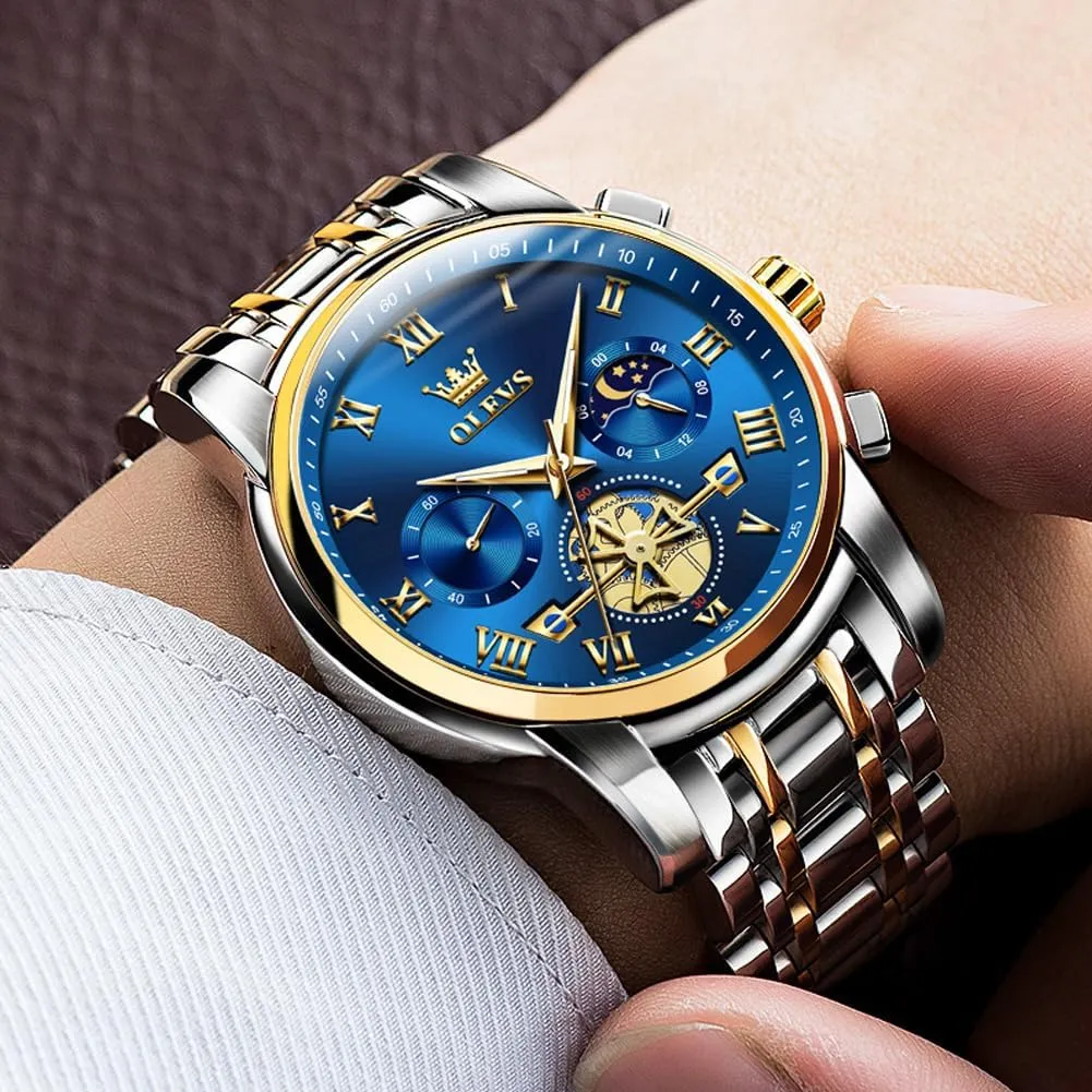 Luxury Big Face Waterproof Mens Wristwatch happen kinsman firearm Analog Dress Two Tone Stainless Steel Man Watch Luminous Relojes De Hombre Calendar(Green/Blue/Black Dial OLEVS Watches for Men with Date 