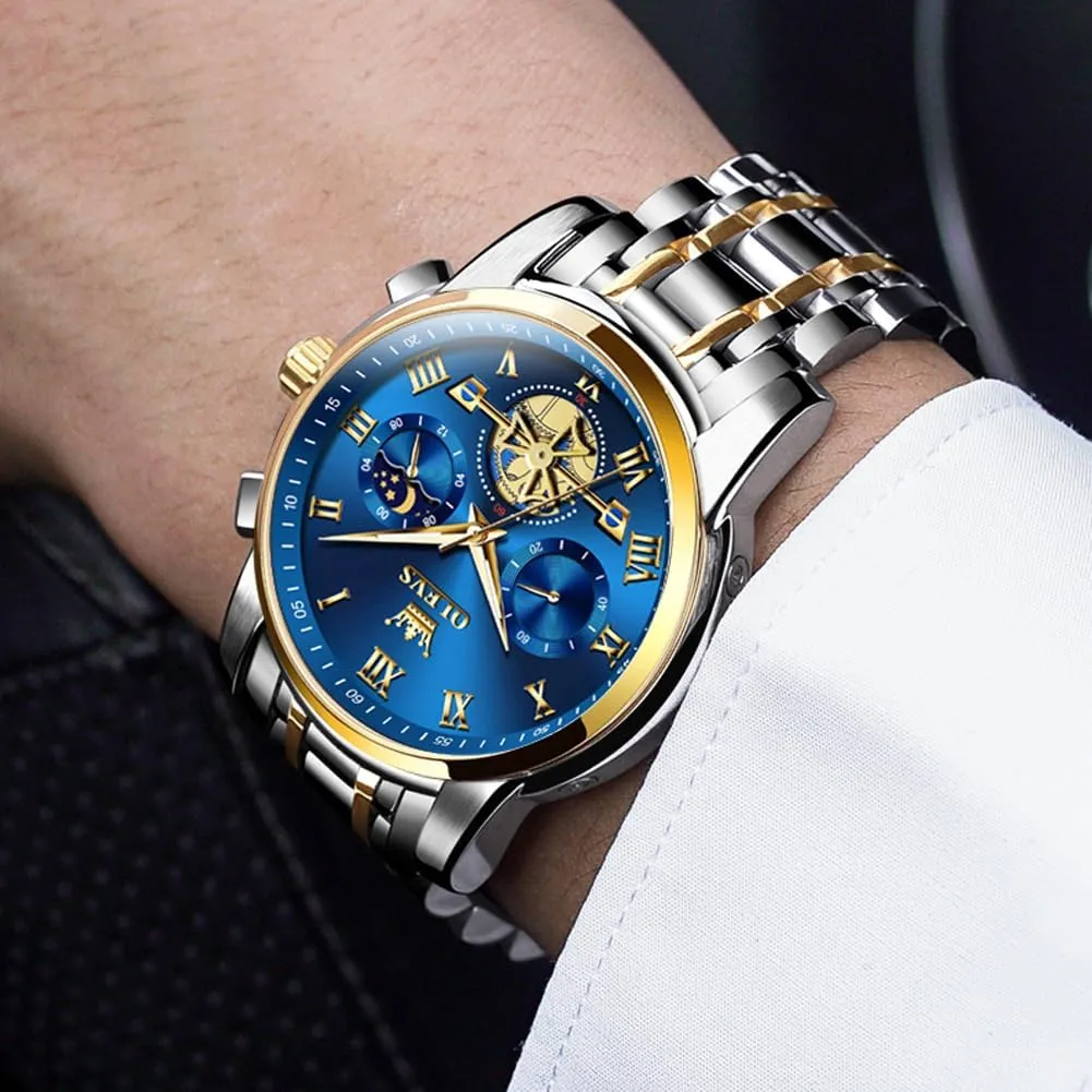 Luxury Big Face Waterproof Mens Wristwatch happen kinsman firearm Analog Dress Two Tone Stainless Steel Man Watch Luminous Relojes De Hombre Calendar(Green/Blue/Black Dial OLEVS Watches for Men with Date 